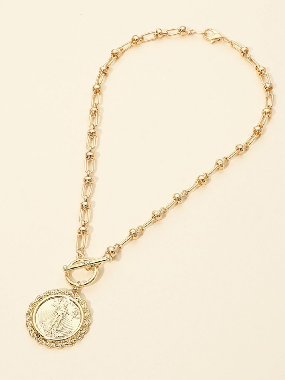 Gold-Tone Charm Coin Necklace with Pearl Accents